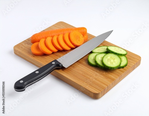 Tabla de cortar de madera con cuchillo de acero y rodajas de pepino y zanahoria, sobre fondo blanco.