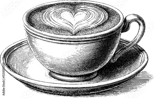 Intricate latte art in dotwork design with heart foam in elegant cup