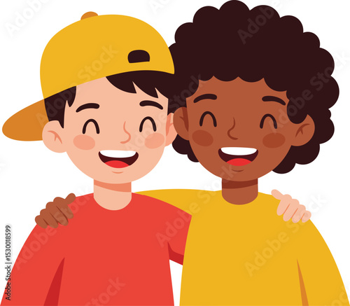 Two happy children embracing each other with smiles in colorful casual clothes vector illustration 
