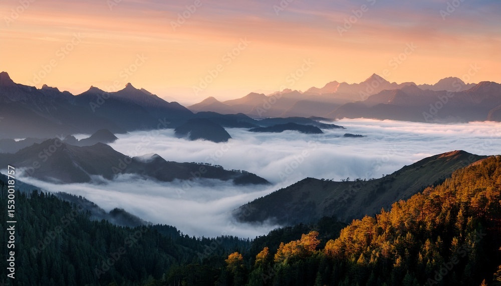 Obraz premium a breathtaking serene mountain range covered in mist during dawn showcasing the tranquility and pristine nature of the landscape with soft light and shadows