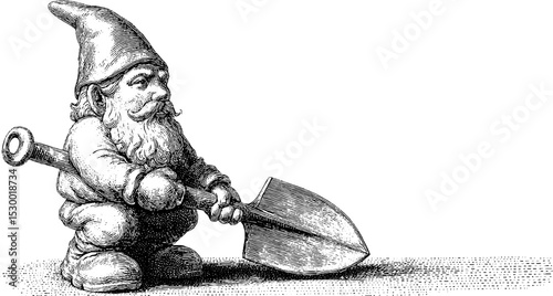Vintage dotwork style garden gnome holding a spade for decorative landscaping design