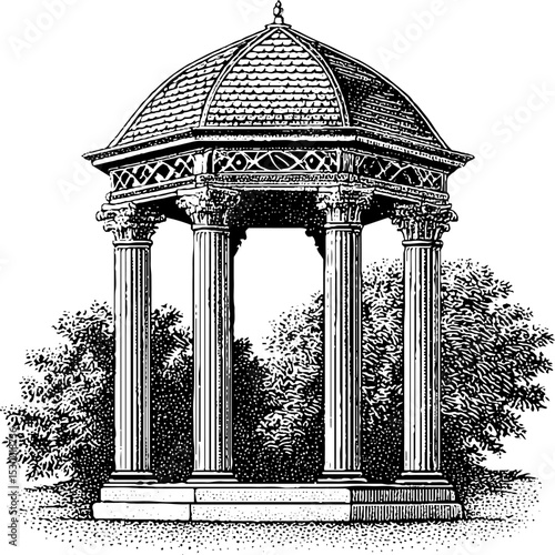 Elegant decorative gazebo silhouette with intricate fretwork detail for design and architecture inspiration