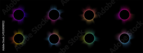 A set of multicolor equalizers made of burst beams . Radial sound, neon sound waves. Music symbol, circular sound waves, digital communication. Vector radial spectrum on black background .