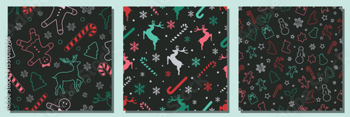 Christmas Seamless Patterns Set. Christmas and New year Holiday Repeatable Pattern. Outline Elements Texture for Wallpaper, Gift Wrapping paper, Card or Banner Template or Fabric Textile Prints.
