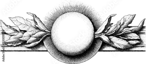 Celestial eclipse with dotted halo and botanical elements for tattoo design or art print