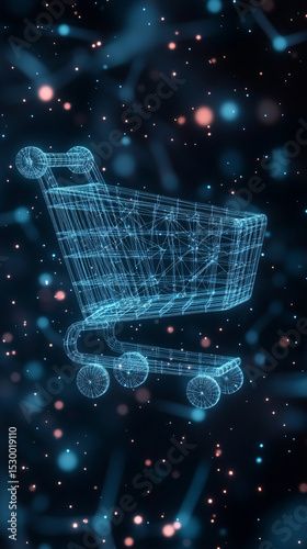 Virtual shopping cart in digital network with glowing particles  