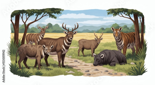 A group of deer tigers and a bear in a field with trees and a blue sky in the background illustration