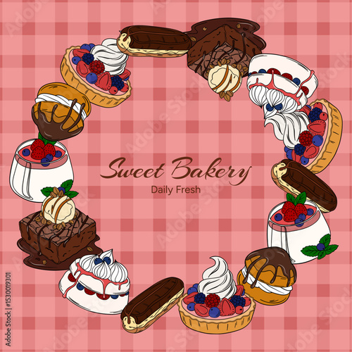 Sweet bakery goods frame a wreath banner or post background wallpaper with various types of baking products and confectionery. Bakery shop and cafeteria restaurant decoration round frame