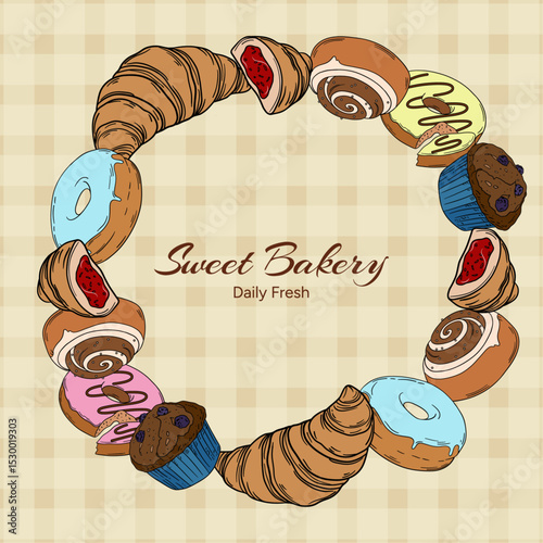 Sweet bakery goods frame a wreath banner or post background wallpaper with various types of baking products and confectionery. Bakery shop and cafeteria restaurant decoration round frame