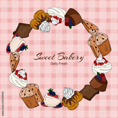 Sweet bakery goods frame a wreath banner or post background wallpaper with various types of baking products and confectionery. Bakery shop and cafeteria restaurant decoration round frame