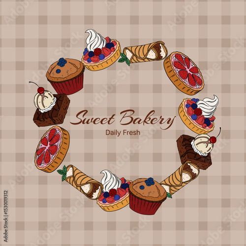 Sweet bakery goods frame a wreath banner or post background wallpaper with various types of baking products and confectionery. Bakery shop and cafeteria restaurant decoration round frame
