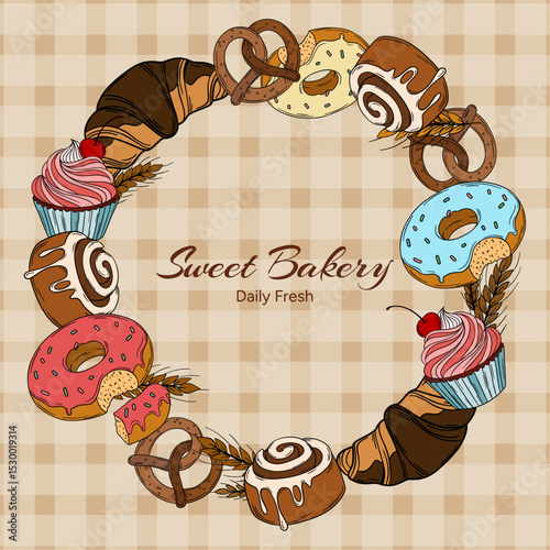 Sweet bakery goods frame a wreath banner or post background wallpaper with various types of baking products and confectionery. Bakery shop and cafeteria restaurant decoration round frame