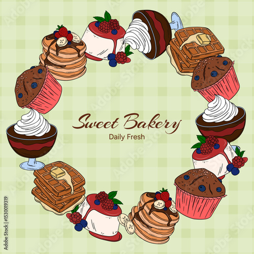 Sweet bakery goods frame a wreath banner or post background wallpaper with various types of baking products and confectionery. Bakery shop and cafeteria restaurant decoration round frame