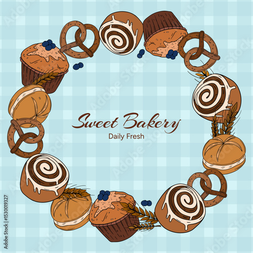 Sweet bakery goods frame a wreath banner or post background wallpaper with various types of baking products and confectionery. Bakery shop and cafeteria restaurant decoration round frame
