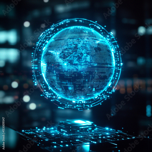 Holographic globe display with digital data in futuristic environment  