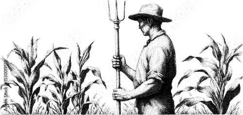 Farmer with pitchfork amidst corn rows in dotwork style