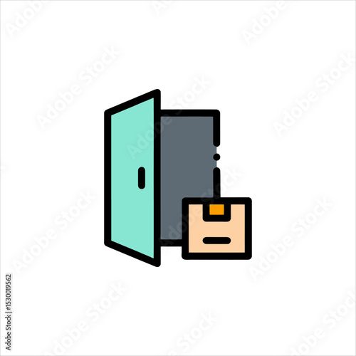Package sits outside an open door, representing secure delivery and convenience for online shopping in a modern, minimalist style.