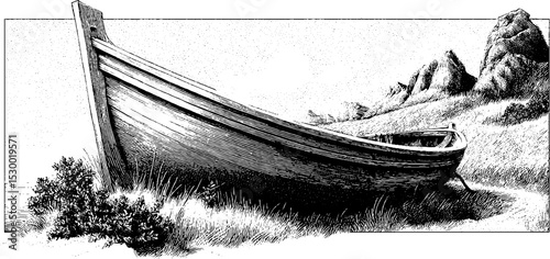 Rustic fishing boat along coastal farmland by the sea