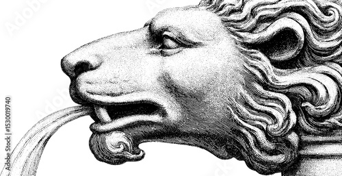 Intricate lion head fountain spout with flowing water drop design