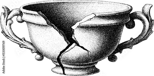 Fractured ceramic teacup with intricate handle design for decorative art projects