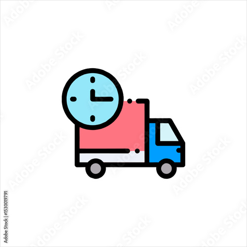 Delivery truck transporting goods quickly with clock overlay representing speed and efficiency in logistics, emphasizing prompt service and timely arrival.