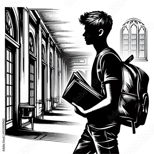 A black and white silhouette of a student walking along a corridor at the university with a backpack on his shoulders and a book in his hands on a white isolated background. Vector graphics. EPS.