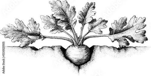 Fresh celery root half buried in earth dotwork tattoo design concept