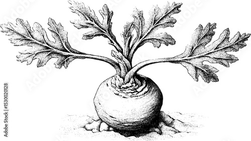 Fresh celery root half buried in earth dotwork tattoo design