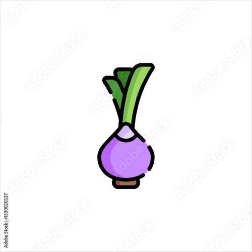 Purple onion with green sprouts stands isolated on white, representing healthy eating and fresh produce, in a simple and clean style.