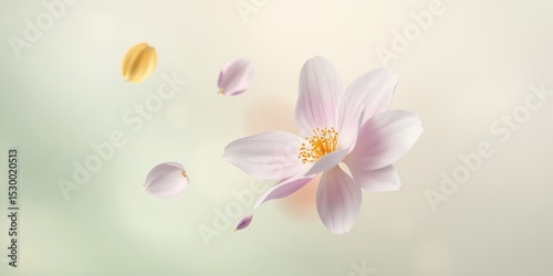 Close up of a light pink flower with falling petals on a soft pastel colored background image
