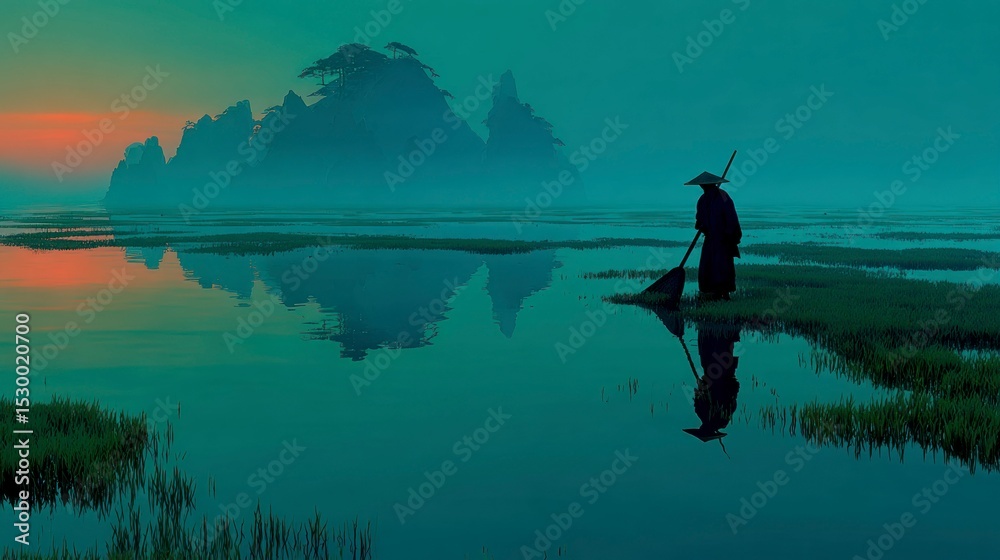 Fototapeta premium Serene Water Scene with Person and Landscape at Dawn