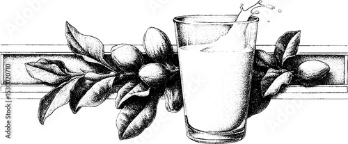 Almond milk splash in dotwork style with almonds and leaves design