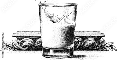 Coconut milk splash in vintage dotwork design for tropical beverage concepts