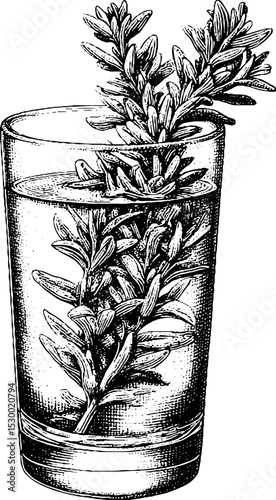 Refreshing iced herb water with rosemary sprigs drawing for beverage design