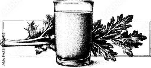 Refreshing tomato juice with celery stick in dotwork style for culinary and art design
