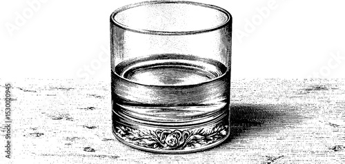 Glass of whisky on wood grain table: vintage engraving aesthetic for bar design