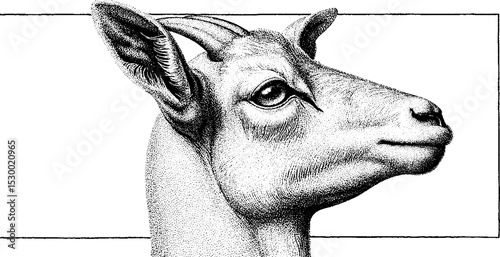 Goat kid portrait in dotwork tattoo style. Blackwork animal illustration with detailed dotted ink design.