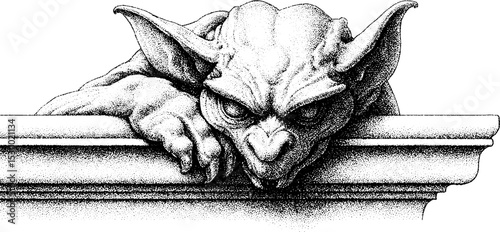 Gothic gargoyle perched on cornice edge in dotwork style for architecture concept design