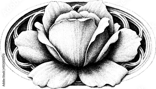Intricate dotwork tattoo design featuring gothic rose window with radial tracery