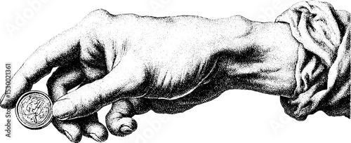 Hand holding coin with dotwork tattoo and dotted aura design for artistic inspiration