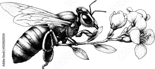 Honeybee on flower in dotwork blackwork tattoo style