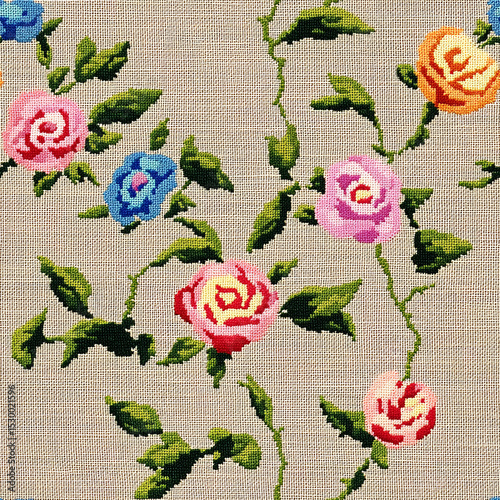 Floral pattern with colorful roses on a textured beige background  