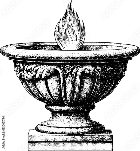 Vintage iron brazier with ember glow in dotwork style for tattoo design or etching