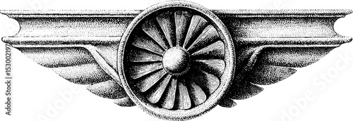 Dotwork design of jet engine turbine blade with vane detail for aviation and engineering enthusiasts
