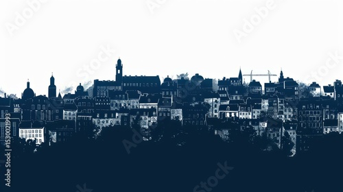  Navy blue silhouette of Lyon skyline showcasing iconic architecture for commercial use and travel promotion