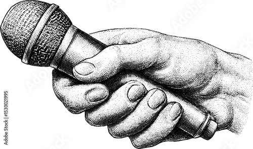 Journalist with microphone and press badge in vintage dot illustration for media themes