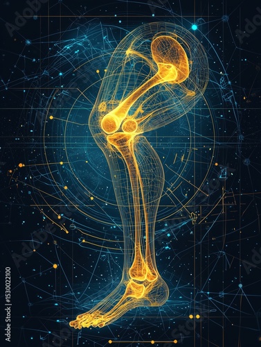 Full leg skeletal graphic design with a glowing X-ray effect, featuring detailed bones of the femur, knee, tibia, fibula, and foot.
