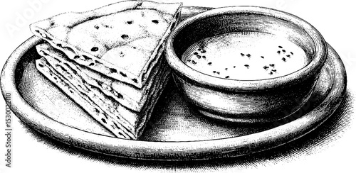 Traditional korean kimchi pancake slices with dipping sauce on plate