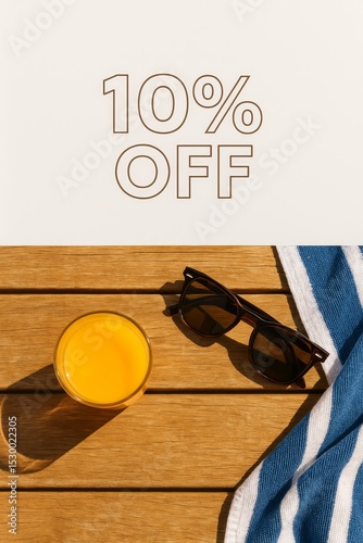 Top view of summer beach essentials with sunglasses, juice, and towel on wood surface, promoting a 10% seasonal discount.


2/2








