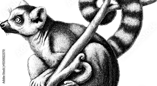 Ring-tailed lemur wrapped around tree branch in black and white wildlife art